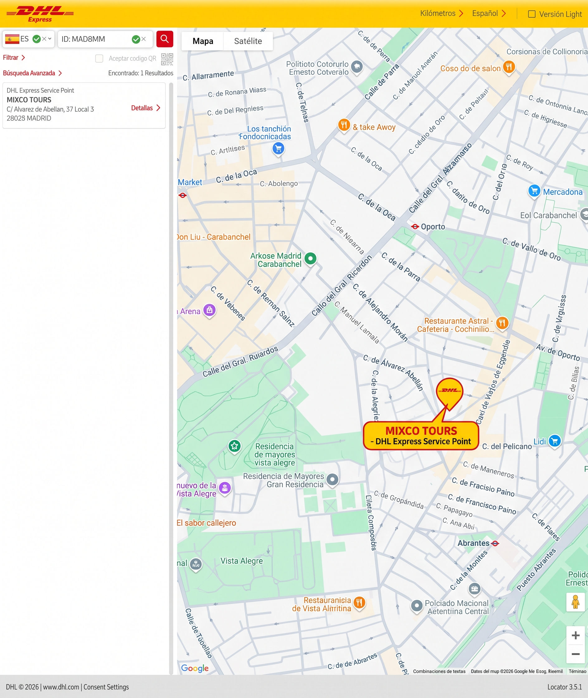 Localizador con un solo resultado: MIXCO TOURS, C/ Álvarez de Abellán 37, Local 3, 28025 Madrid.